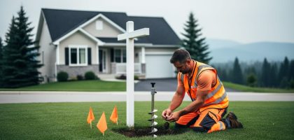 Environmental consultant in safety vest taking a soil sample on the lawn of a Canadian suburban house, with orange utility flags, soil auger, and a blank yard sign; house and evergreens softly blurred under overcast light.