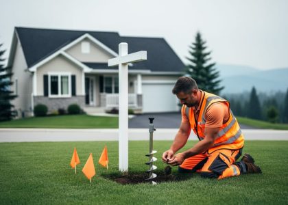 Environmental consultant in safety vest taking a soil sample on the lawn of a Canadian suburban house, with orange utility flags, soil auger, and a blank yard sign; house and evergreens softly blurred under overcast light.