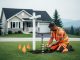 Environmental consultant in safety vest taking a soil sample on the lawn of a Canadian suburban house, with orange utility flags, soil auger, and a blank yard sign; house and evergreens softly blurred under overcast light.