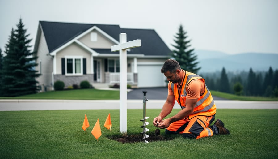 Environmental consultant in safety vest taking a soil sample on the lawn of a Canadian suburban house, with orange utility flags, soil auger, and a blank yard sign; house and evergreens softly blurred under overcast light.