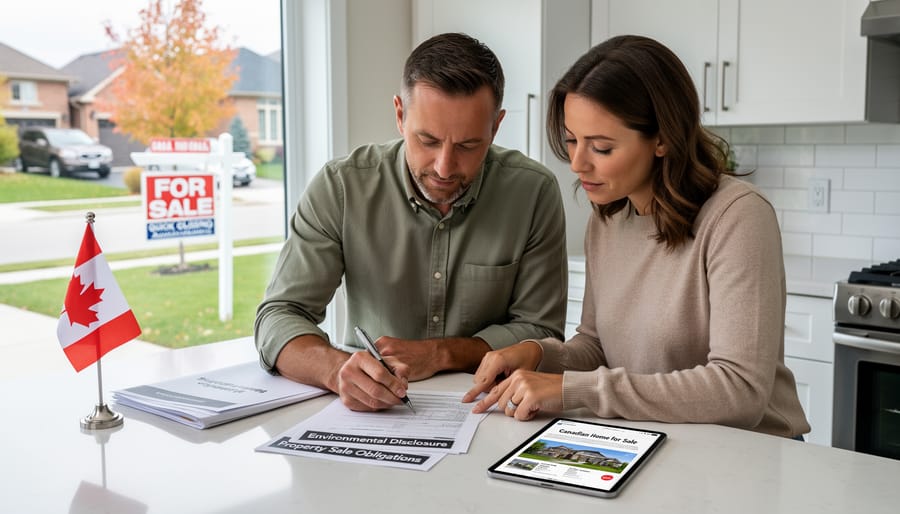 Canadian residential house with for sale sign on front lawn