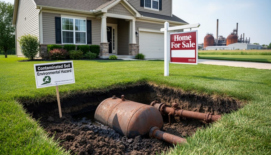 Close-up of contaminated soil showing environmental concerns in residential property
