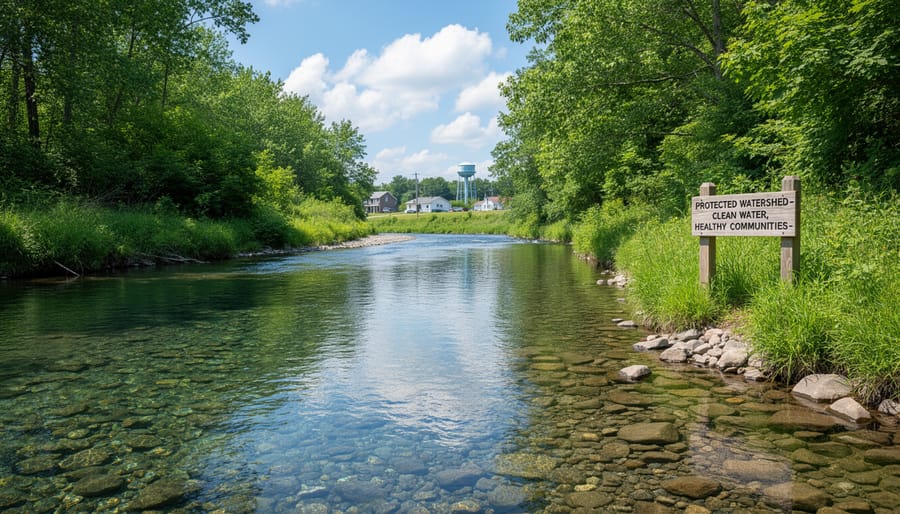 Clear river water flowing over stones near a green riverbank