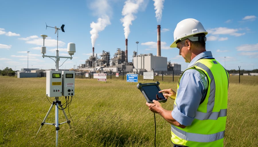Environmental officer using an air quality meter near an industrial smokestack