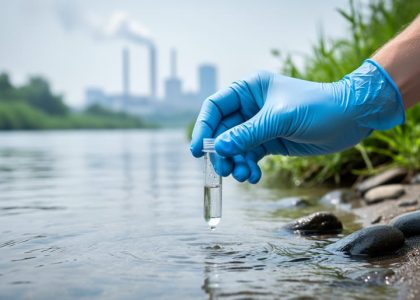 "Gloved hand holding a small water testing vial beside a clean river with green vegetation and a distant city skyline in soft haze."