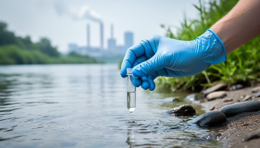 "Gloved hand holding a small water testing vial beside a clean river with green vegetation and a distant city skyline in soft haze."