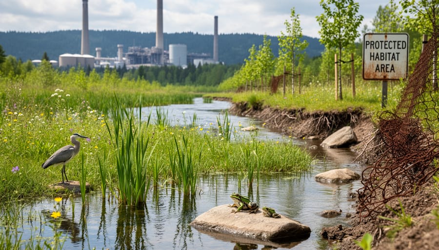 Clear freshwater stream with healthy aquatic plants along the riverbank