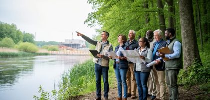 Community members outdoors reviewing documents while standing near a forest and river, symbolizing practical environmental law for conservation and accountability.