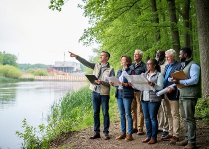 Community members outdoors reviewing documents while standing near a forest and river, symbolizing practical environmental law for conservation and accountability.