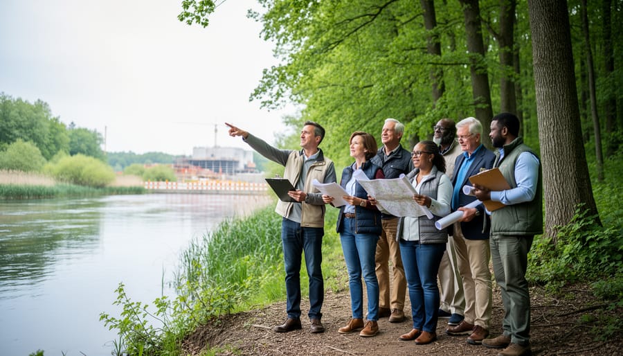 Community members outdoors reviewing documents while standing near a forest and river, symbolizing practical environmental law for conservation and accountability.