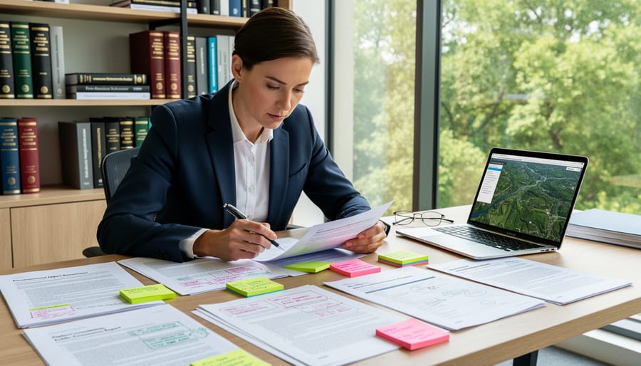 Person reviewing environmental assessment documents on a desk with folder and phone nearby