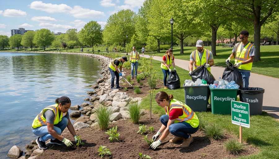 Volunteers in a community park shoreline setting picking up litter along native reeds