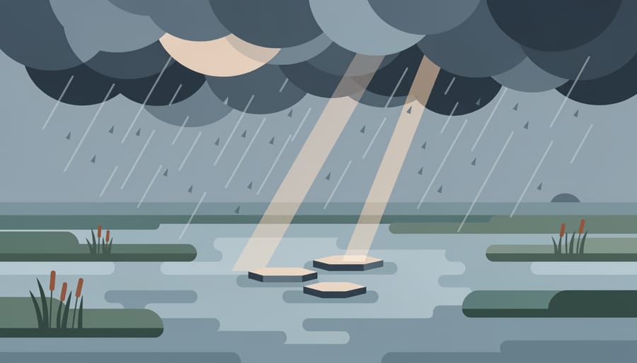 Wetland boardwalk in stormy weather with muddy footprints and dark clouds overhead