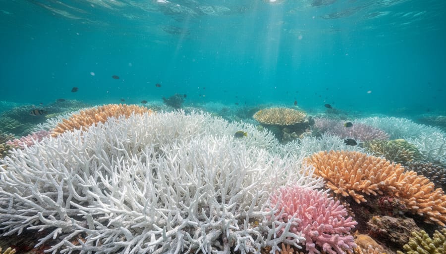 Underwater view of bleached coral with pale coral skeleton branches