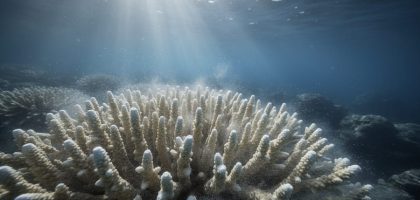Close view of a bleached coral reef with pale coral branches dissolving into hazy seawater under sunlit ocean light.