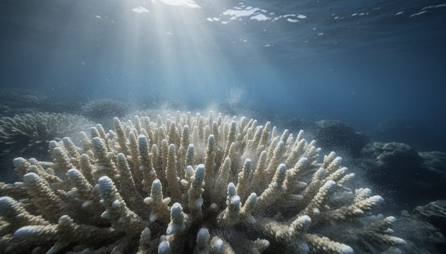 Close view of a bleached coral reef with pale coral branches dissolving into hazy seawater under sunlit ocean light.