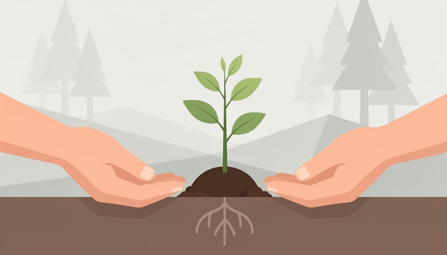 Volunteer holding a young sapling planted in wet soil with blurred forest background