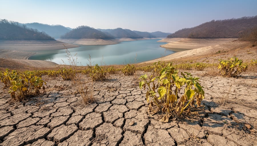 Drought-stressed forest and cracked riverbed with dry vegetation at golden hour