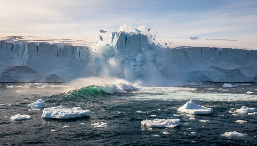 Glacier ice breaking apart into cold blue water under an overcast sky