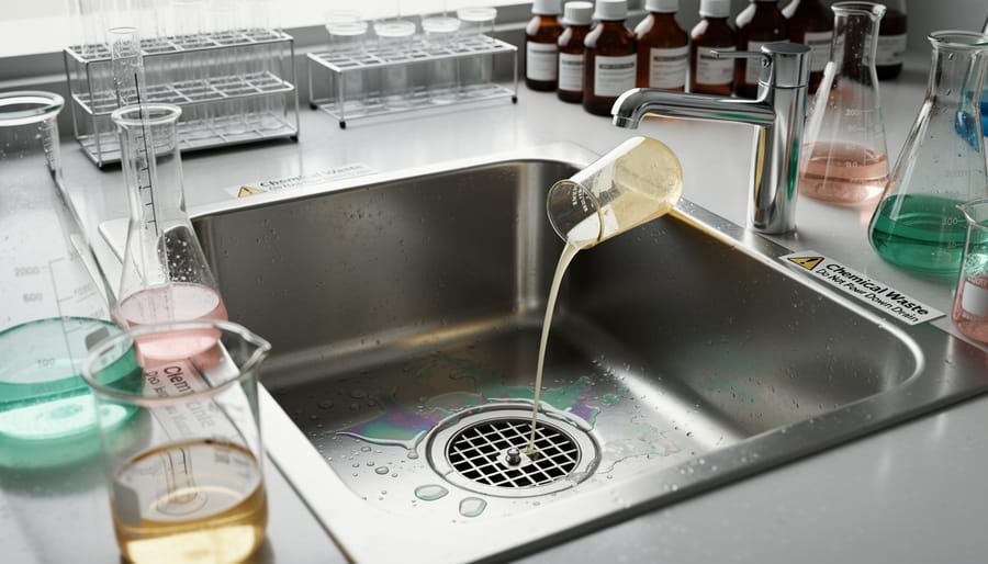Laboratory sink drain and glassware under bright clinical lighting