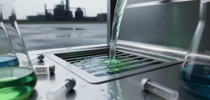 A laboratory sink draining into a storm drain grate with faint chemical-tinted water, with blurred lab glassware and distant industrial facility in the background.