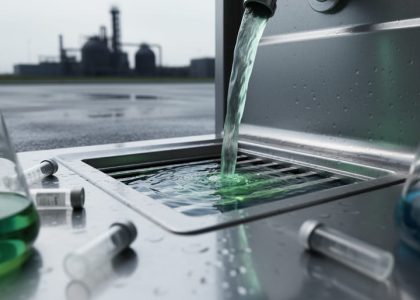 A laboratory sink draining into a storm drain grate with faint chemical-tinted water, with blurred lab glassware and distant industrial facility in the background.