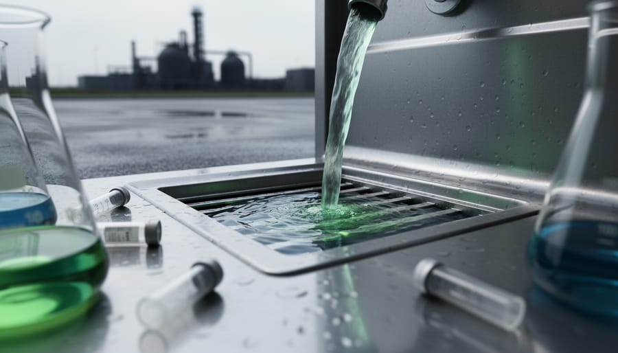 A laboratory sink draining into a storm drain grate with faint chemical-tinted water, with blurred lab glassware and distant industrial facility in the background.