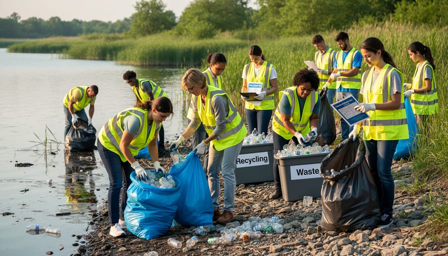 Volunteers performing shoreline cleanup along a Canadian estuary near reeds