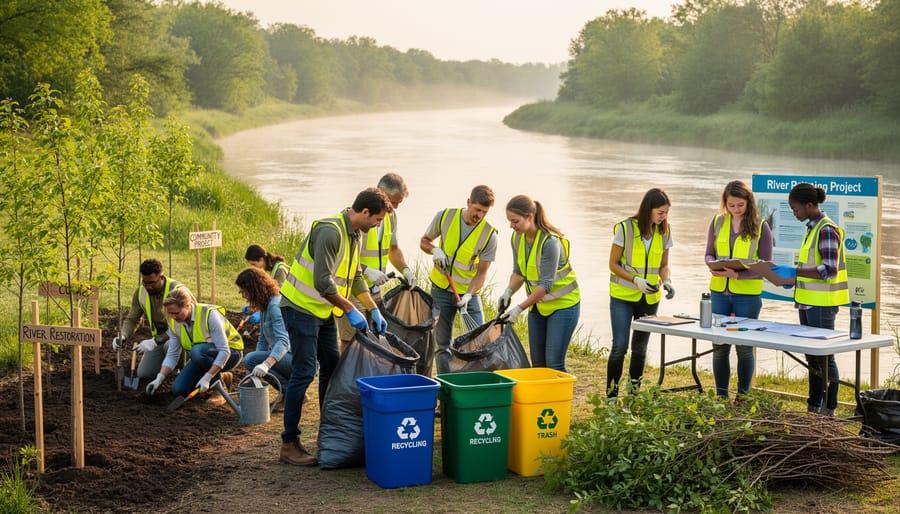 Community volunteers removing litter from a riverbank with reusable tools