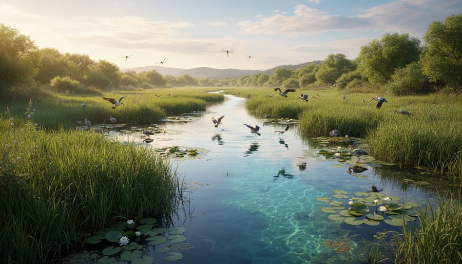 Native wetland vegetation and clear water at the edge of a restored habitat