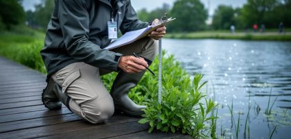 A conservation researcher measuring a native plant patch at the edge of an urban wetland during fieldwork.