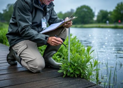 A conservation researcher measuring a native plant patch at the edge of an urban wetland during fieldwork.