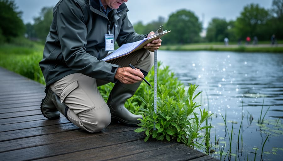 A conservation researcher measuring a native plant patch at the edge of an urban wetland during fieldwork.